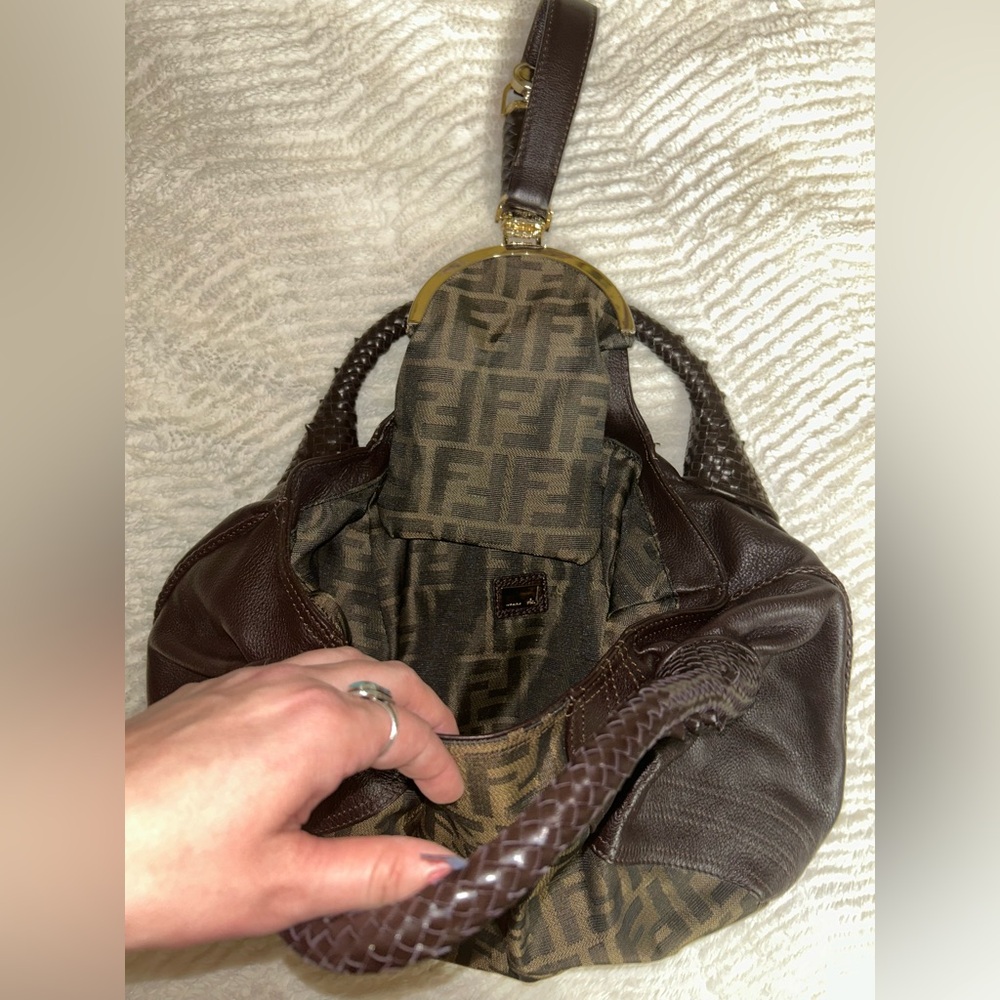 Designer-Inspired Brown Leather & Monogram Shoulder Bag - Picture 8 of 9
